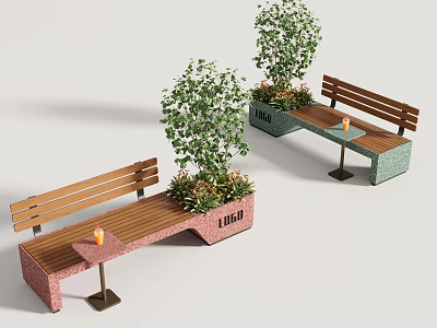 Modern Integrated Outdoor Wooden Benches With Planter Box And Small Side Table For Public Areas 3d model