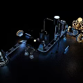 Futuristic Silver Art Installation With Metallic Pipes Spheres Conical Structures And Mechanical Design