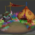 Cartoon Scene with Yellow Tent Red Flag Treasure Chest and Green Plants on Sandy Ground