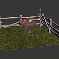 Garden Scene With White Picket Fence Red Round Table And Cups On Green Grass