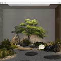 Tranquil Courtyard Garden Featuring Green Tree Stones Lantern Round Moon Lamp And Stepping Stones