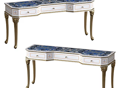Classic European Style Console Table With Golden Carved Legs White Cabinetry And Blue Patterned Countertop 3d model