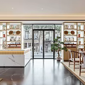 Traditional Chinese Teahouse Interior With Wooden Tables Chairs Display Shelves Tea Sets And Green Plants