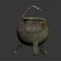 Ancient Bronze Household Vessel With Three Legs And Chain Handle Design