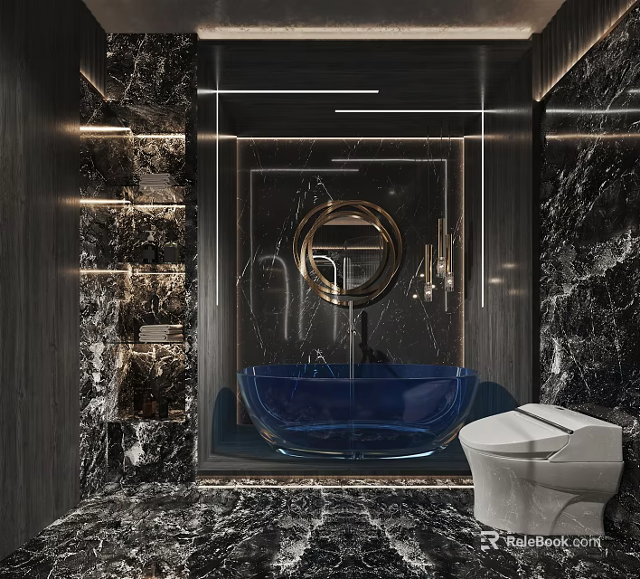 Modern Bathroom Interior With Marble Walls Blue Bathtub And Round Mirror 3d model 