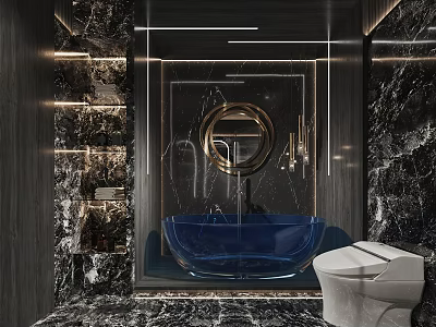 Modern Bathroom Interior With Marble Walls Blue Bathtub And Round Mirror 3d model