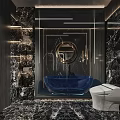 Modern Bathroom Interior With Marble Walls Blue Bathtub And Round Mirror