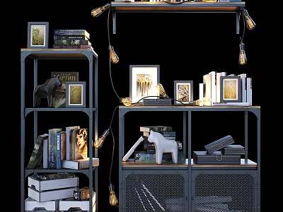 Industrial Metal Shelving Unit With Open Shelves Books Photo Frames And Bulb Lights Decoration 3d model