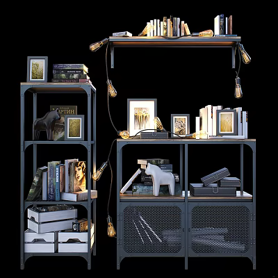 Industrial Metal Shelving Unit With Open Shelves Books Photo Frames And Bulb Lights Decoration 3d model
