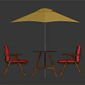 Outdoor Dining Set Featuring Wooden Table Red Chairs And Yellow Umbrella