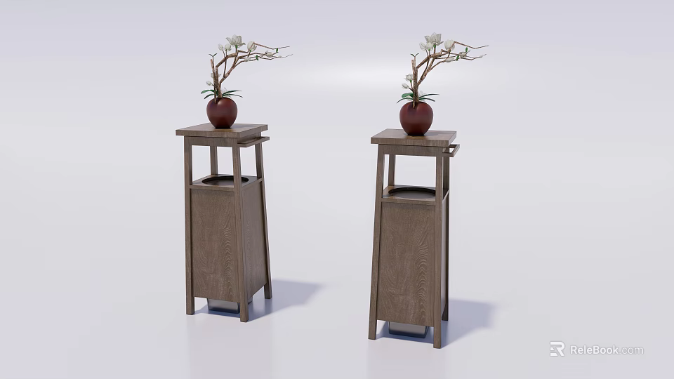 Public Facilities Wooden Trash Bins With Red Flower Pots And White Flowers 3d model 