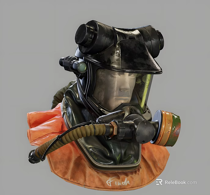 Full Face Gas Mask With Protective Helmet Breathing Tube And Orange Suit 3d model 