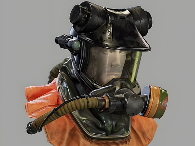 Full Face Gas Mask With Protective Helmet Breathing Tube And Orange Suit 3d model