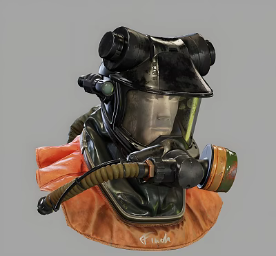 Full Face Gas Mask With Protective Helmet Breathing Tube And Orange Suit 3d model