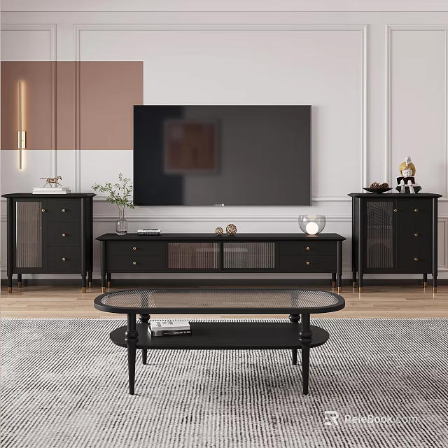 Modern Black TV Stand in Living Room with Side Cabinets and Decorative Ornaments 3d model 