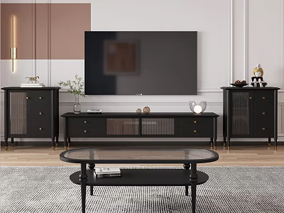 Modern Black TV Stand in Living Room with Side Cabinets and Decorative Ornaments 3d model