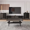 Modern Black TV Stand in Living Room with Side Cabinets and Decorative Ornaments