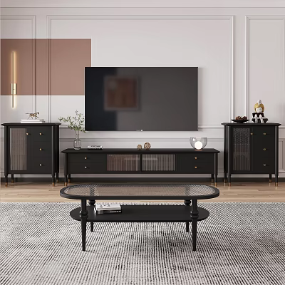 Modern Black TV Stand in Living Room with Side Cabinets and Decorative Ornaments 3d model