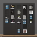 Modern Dark Colored Bookcase Interior With Books Decorative Items Small Plants And Ornaments