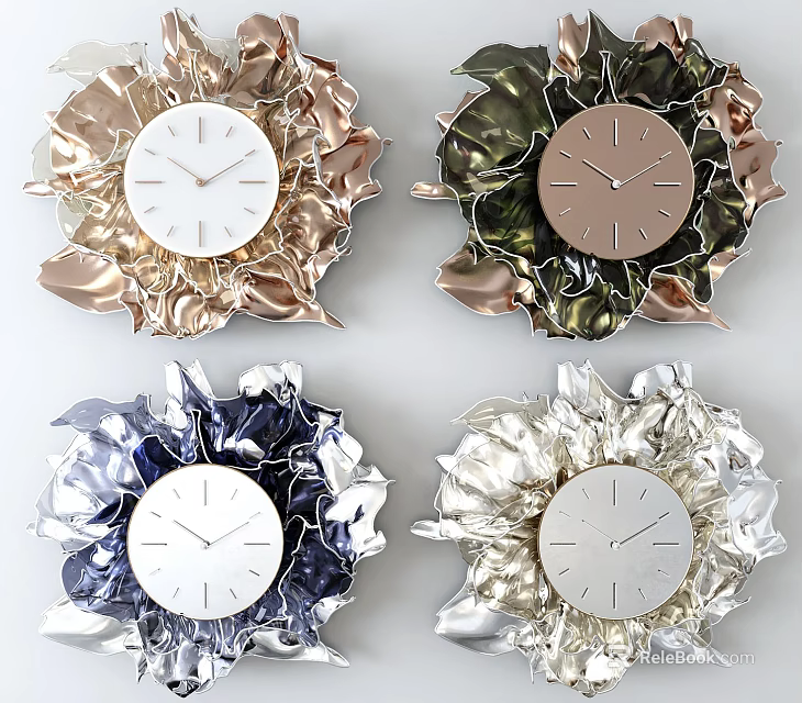 Decorative Wall Clocks With Crinkled Metallic Petal Frames In Gold Green Blue Silver Colors 3d model 