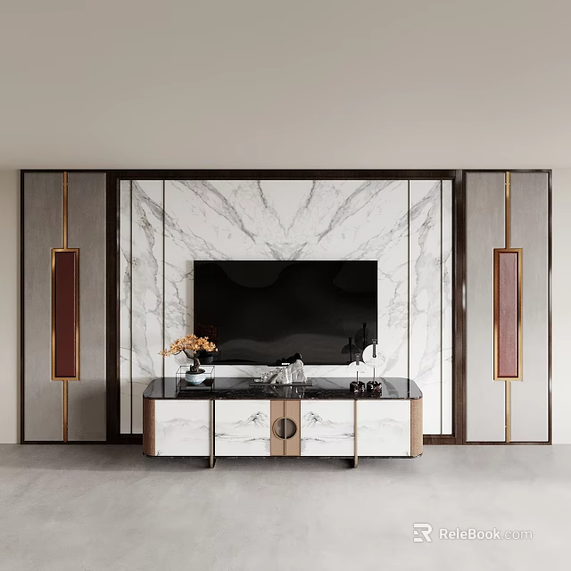 Modern Elegant TV Background Wall Interior With Marble Texture Golden Frames And TV Cabinet 3d model
