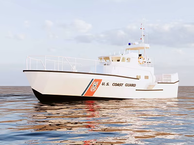 U.S. Coast Guard White Yacht Sailing On Calm Sea With Water Reflection Under Cloudy Sky 3d model