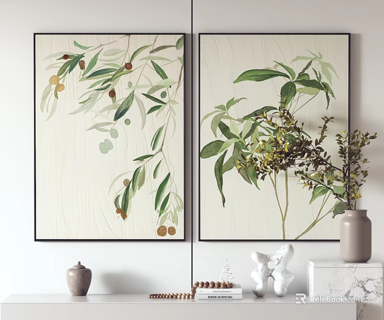 Botanical Paintings Featuring Olive Branches and Green Leaves in Black Frames on Light Wall 3d model 