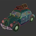 Vintage Green Beetle Car With Brown Suitcases On The Roof