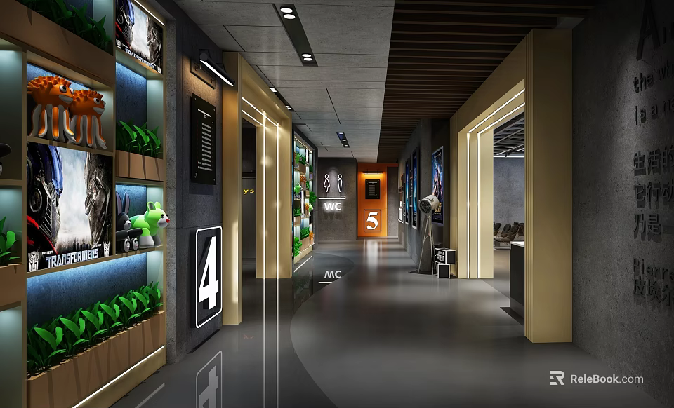 Modern Cinema Hallway Featuring Theater Doors 4 5 Movie Posters and Green Plant Decor 3d model 