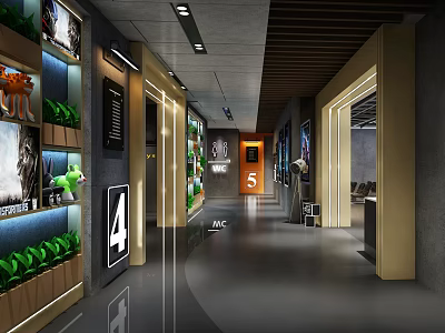 Modern Cinema Hallway Featuring Theater Doors 4 5 Movie Posters and Green Plant Decor 3d model