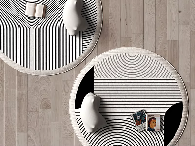 Round Rugs With Black White Geometric Patterns And Decor On Wooden Floor 3d model