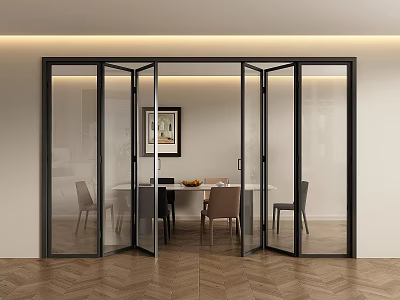 Modern Glass Folding Doors Open To Dining Area With Table Chairs 3d model