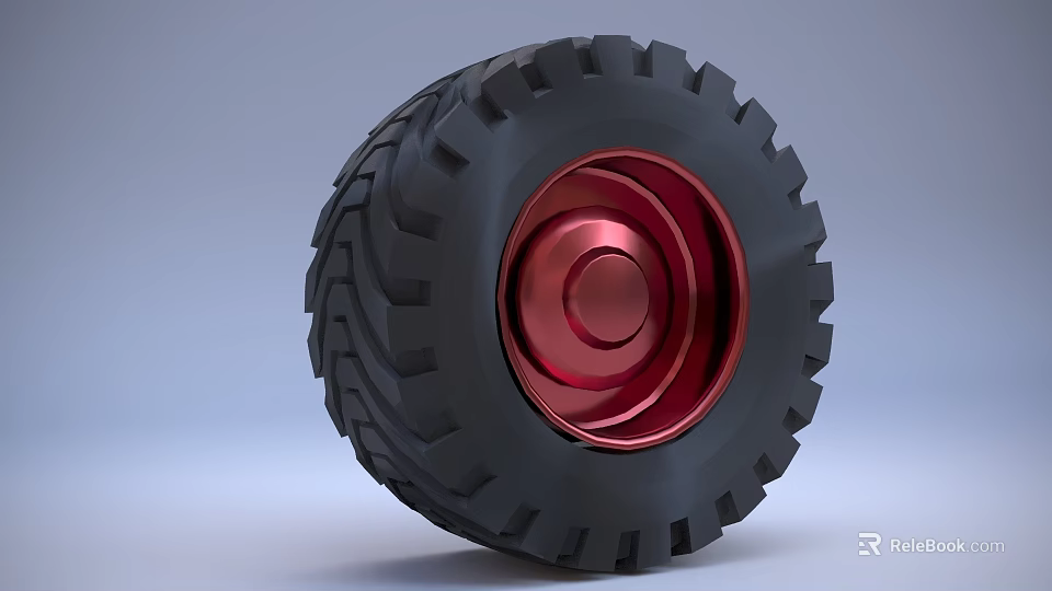 Heavy Duty Tire With Black Tread And Shiny Red Metallic Rim Design 3d model 