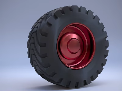 Heavy Duty Tire With Black Tread And Shiny Red Metallic Rim Design 3d model
