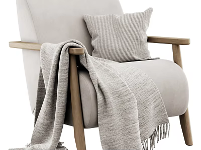 Modern Light Gray Fabric Lounge Chair with Wooden Armrests Pillow and Fringe Blanket 3d model
