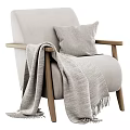 Modern Light Gray Fabric Lounge Chair with Wooden Armrests Pillow and Fringe Blanket