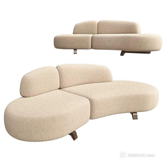Modern Curved Sectional Sofa In Beige Bouclé Fabric With Wooden Legs And Comfortable Design 3d model 