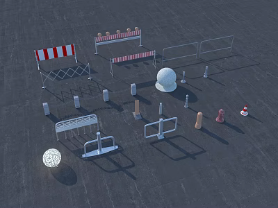 Various Safety Fences With Red White Striped Barriers Metal Frames and Support Posts 3d model