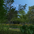 Lush Garden Landscape With Green Trees Palm Plants Yellow Flowers And Blue Sky