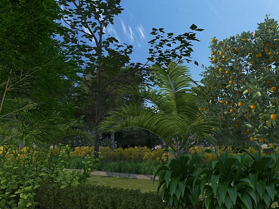 Lush Garden Landscape With Green Trees Palm Plants Yellow Flowers And Blue Sky 3d model