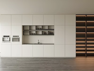 Modern Kitchen Interior With White Cabinets Built In Oven Open Shelves And Sink 3d model