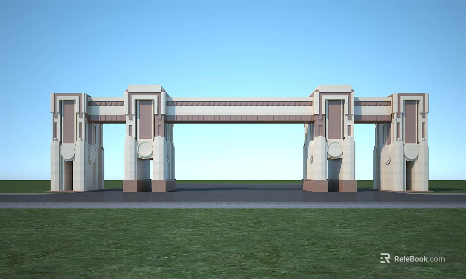 Modern Entrance Gate With Symmetrical Stone Columns Archway Design Blue Sky And Green Lawn 3d model 