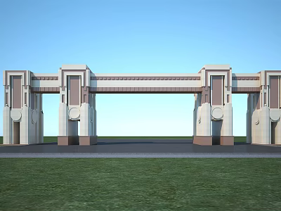 Modern Entrance Gate With Symmetrical Stone Columns Archway Design Blue Sky And Green Lawn 3d model
