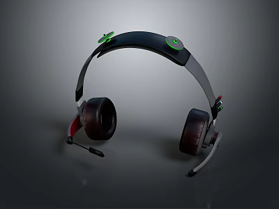 Black Computer Gaming Headset With Green Buttons Red Details And Microphone 3d model
