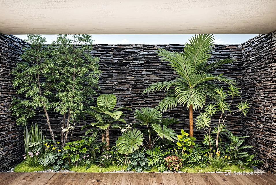 Indoor Landscape with Stone Wall Lush Palm Tree and Various Green Plants on Wooden Floor 3d model 