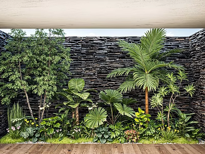 Indoor Landscape with Stone Wall Lush Palm Tree and Various Green Plants on Wooden Floor 3d model