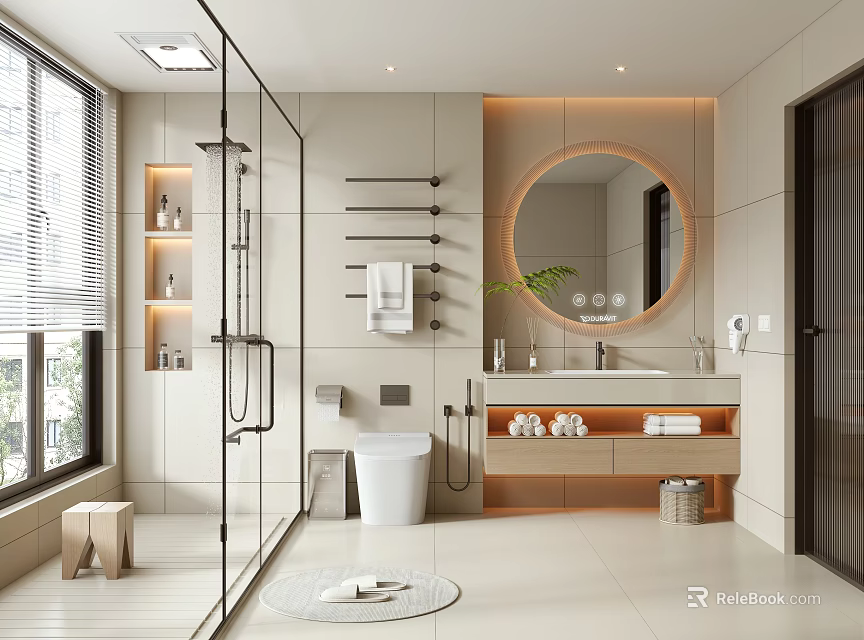 Modern Bathroom Interior Design With Glass Shower Round Mirror And Vanity 3d model 