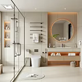 Modern Bathroom Interior Design With Glass Shower Round Mirror And Vanity