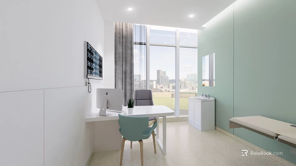 Modern Office Interior Design With White Desk Blue Chair And City View 3d model 