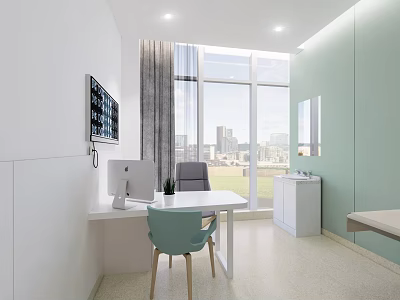 Modern Office Interior Design With White Desk Blue Chair And City View 3d model
